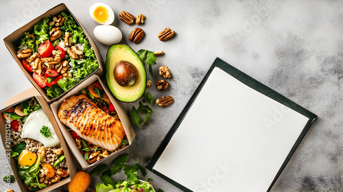 Healthy meal prep delivery boxes with grilled salmon avocado and a blank clipboard mockup on a grey background