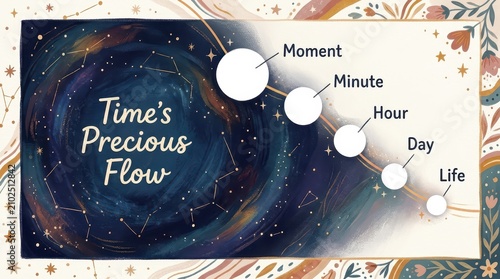 Abstract cosmic illustration of Time's Precious Flow with constellations and celestial elements symbolizing life's journey