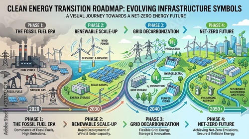 Visual Roadmap of Global Clean Energy Transition From Fossil Fuels to a Sustainable Net-Zero Infrastructure Future