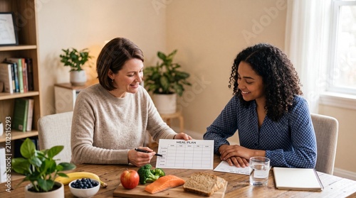 Two women, one a nutritionist and the other a client, are reviewing a meal plan together at a table filled with fresh produce and healthy food.