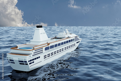 Quadro su tela Nave da crociera moderna che naviga sul mare calmo sotto un cielo parzialmente nuvoloso, con ponti e piscina circolare
