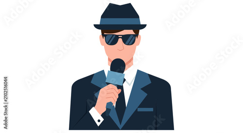 Foto News reporter or journalist in suit and hat holding microphone