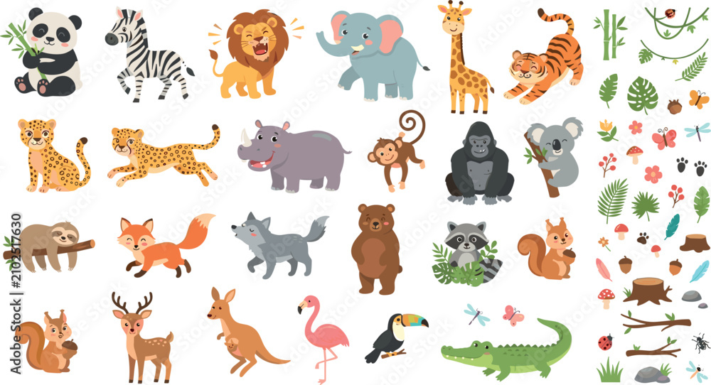 Obraz premium Cute cartoon jungle safari animals vector set featuring panda tiger lion elephant koala crocodile and tropical nature elements
