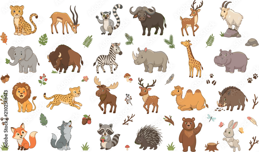 Obraz premium Cute cartoon wild animals vector set featuring lion elephant giraffe zebra cheetah leopard bear and safari fauna elements