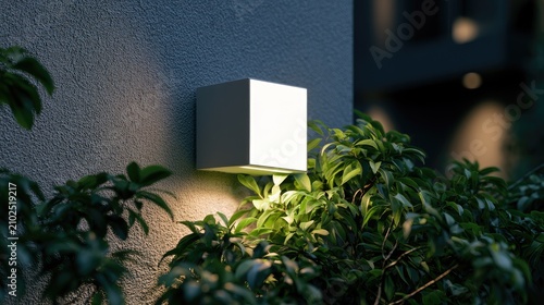 Modern cubic wall light illuminates lush green foliage against a textured wall