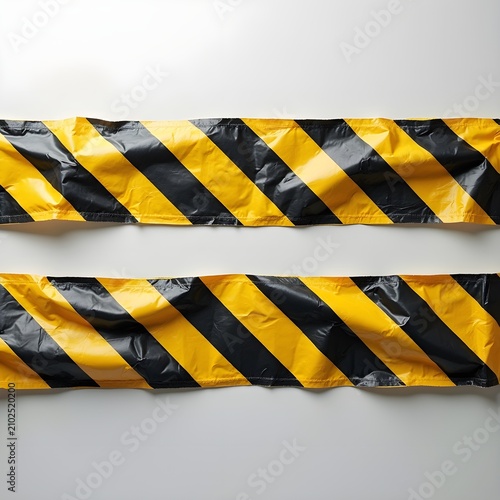 Two pieces of wrinkled yellow and black warning tape. Transparent background