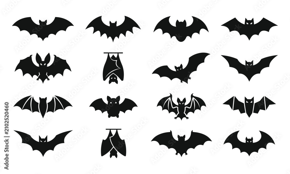 Fototapeta premium Set of Halloween bat silhouettes in different flying and hanging poses, vector icon illustration