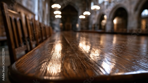 Long, polished wooden table and chairs in a grand, dimly lit hall (1)