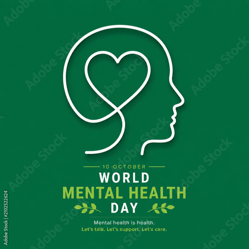 World mental health day minimal graphic design featuring a stylized outline of a human head and heart symbol on a green background, awareness