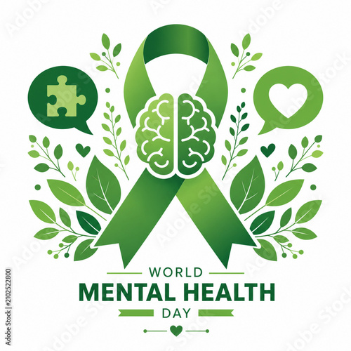 World mental health day illustration featuring a green awareness ribbon with a brain icon puzzle piece and heart bubble icon awareness wellness