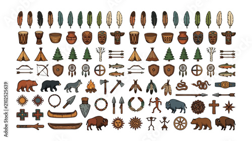 Canvas Print Native American tribal vector icon set, traditional indigenous culture and heritage symbols, ancient ethnic elements collection, historical design assets for cultural projects