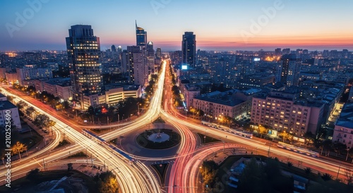 Aerial view of a complex highway interchange with light trails at dusk, showcasing a modern cityscape with tall buildings.