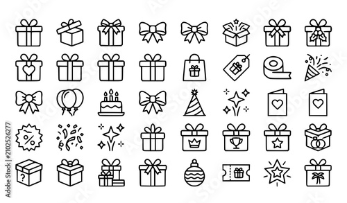 Gift box thin line icon set with presents ribbons celebration rewards and holiday outline symbols on transparent background