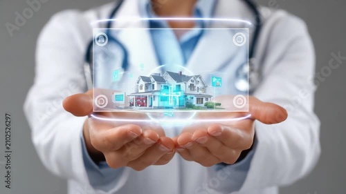 Medical Innovation: A medical professional in a white coat holds a transparent tablet displaying a 3D model of a house and medical icons.