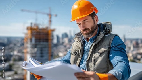 Site Supervisor's Focus: A construction worker in a hard hat intently reviews blueprints on a building site, with a towering crane and cityscape in the background.