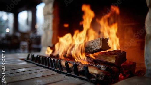 Roaring Fireplace Glow: Warm, dancing flames consume seasoned logs in a rustic fireplace, casting an inviting glow and a sense of cozy comfort.