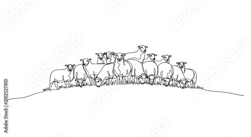 Minimalist line art illustration of a flock of sheep on a grassy hill