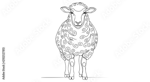 фотографія Whimsical Sheep Illustration with Swirls, Line Art Drawing, Farm Animal on White