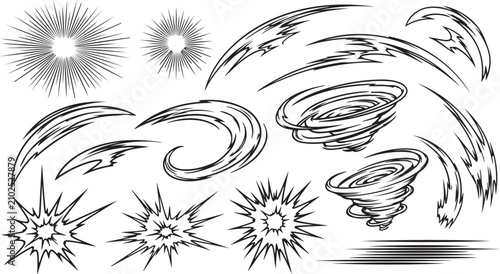 A collection of dynamic black and white manga-style action effects, including wind slashes, tornadoes, explosions, and speed lines isolated on a white background.