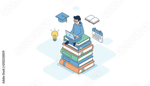 Young student sitting on a stack of books while working on a laptop, surrounded by educational symbols like a graduation cap and lightbulb.