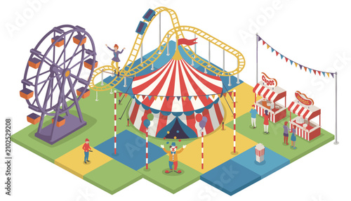Colorful isometric amusement park featuring a striped circus tent, high roller coaster, Ferris wheel, popcorn stands, and a welcoming clown.