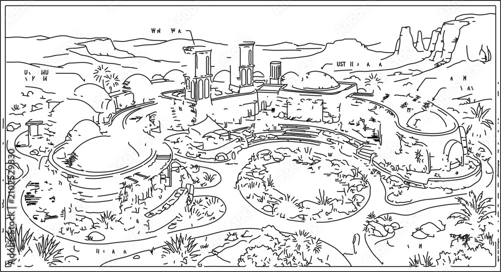 Obraz premium Sustainable Eco Resort Desert Architecture Sketch Illustration