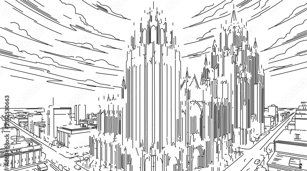 Fototapeta premium Gothic Cathedral Architecture Coloring Page Cityscape Line Art