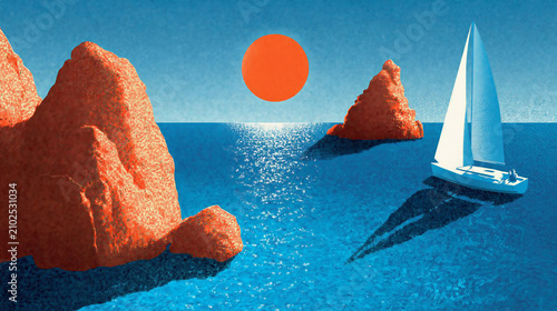 Minimalist collage of sailboat on blue sea under orange sun