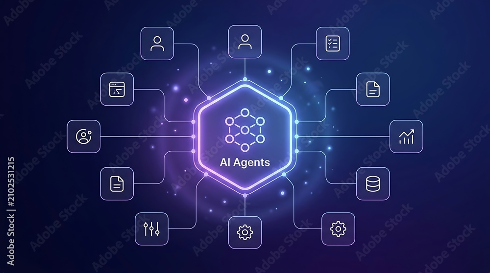 Fototapeta premium AI Agents Technology Network Concept with Connected Digital Icons on Blue Background