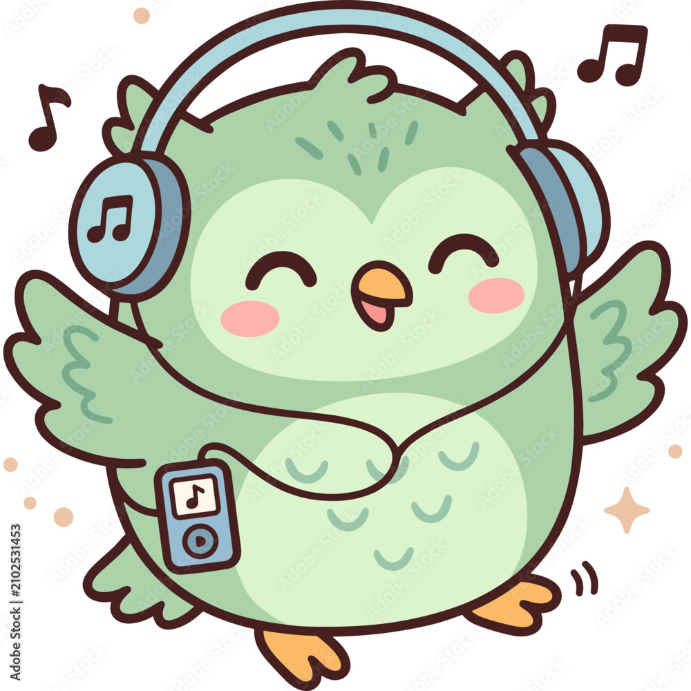 Fototapeta premium Cute Cartoon Green Owl Character Enjoying Music with Headphones and a Digital Audio Player