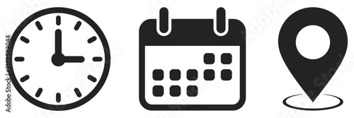 Time scheduling icon set, clock, calendar, date and location pin marker symbols for appointments, meetings, deadline management, business organization and productivity planning.