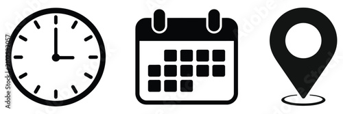 Time scheduling icon set, clock, calendar, date and location pin marker symbols for appointments, meetings, deadline management, business organization and productivity planning.