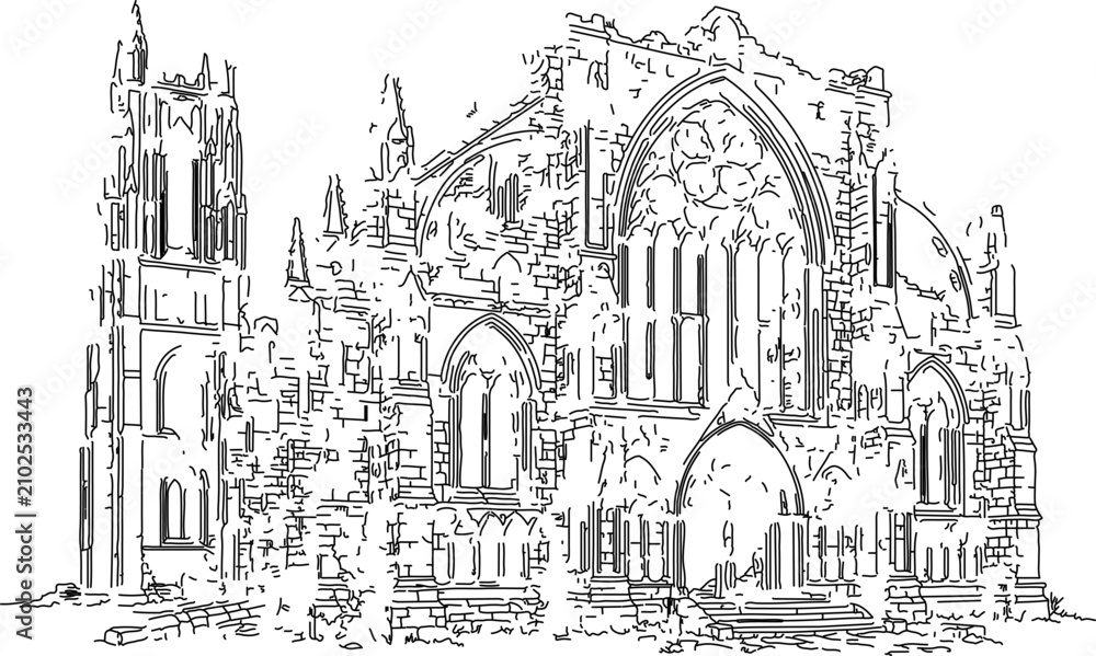 Fototapeta premium Detailed Architectural Sketch of Medieval Gothic Cathedral Ruins