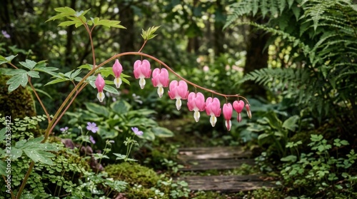 Elegant classic public park garden layout featuring romantic climbing bleeding heart flower vine arches and footpaths