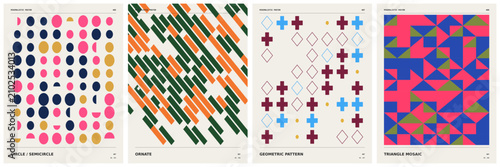 Foto Four abstract graphic art pieces, each featuring a unique geometric pattern and color palette, presented in a clean, modern layout