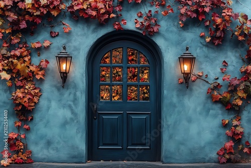 Beautiful arched wooden door framed by vibrant autumn leaves on a rustic blue wall with vintage wall lamps