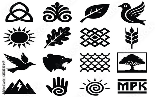 Fotografie Ethnic pagan symbols icon set vector illustration with black solid silhouettes o