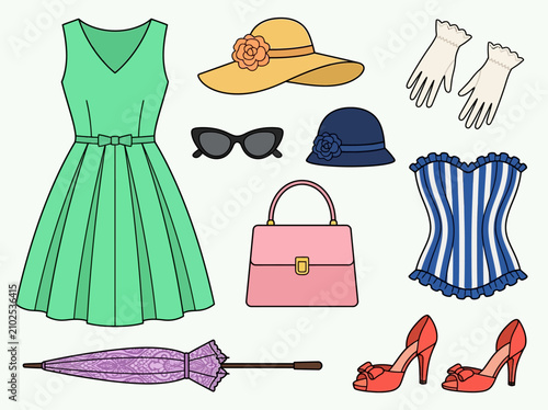 Fotografie Vintage 1950s Women's Fashion and Accessories Illustration Set