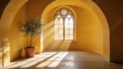 Bright yellow interior room with arched window. Sunny Mediterranean home with potted plant.