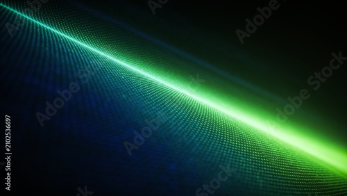 Abstract green light waves on dark background. Futuristic digital data flow technology concept.
