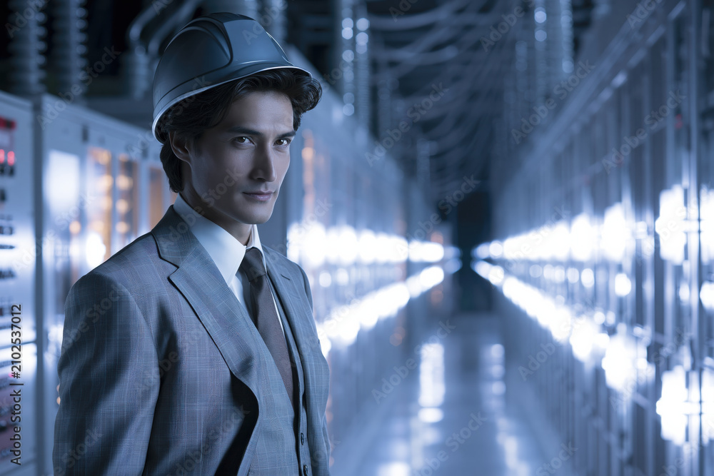 Fototapeta premium Confident male engineer electric worker power distribution control room safety helmet gray suit modern technology industrial interior corridor professional pose Confident male engineer electric
