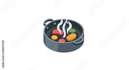 Obraz na plátně Sizzling hot pot with fresh vegetables and meat