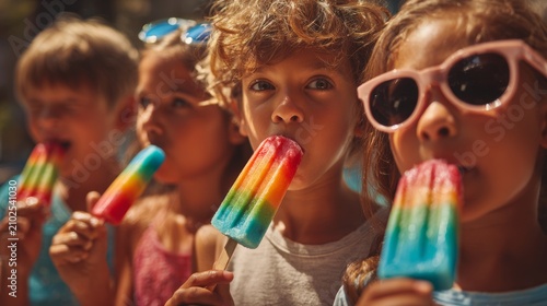Kids enjoy colorful popsicles on a sunny day at the park during summer vacation with friends laughing and smiling together