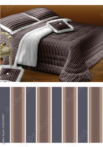 Quadro su tela Luxurious bedding set featuring a classic vertical stripe pattern in navy blue and brown, including matching pillows and a decorative white throw, modern home bedroom interior design style
