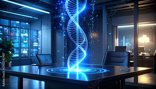 Futuristic DNA Hologram in HighTech Laboratory Environment.