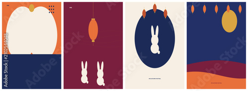 Tableau sur toile A quartet of stylized minimalist posters evokes a celestial, autumn theme with abstract shapes, lanterns, and rabbits against rich, contrasting backgrounds