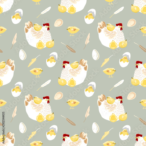 Seamless pattern with cute hens, chicks, and feathers, spring farm background for Easter textile and stationery