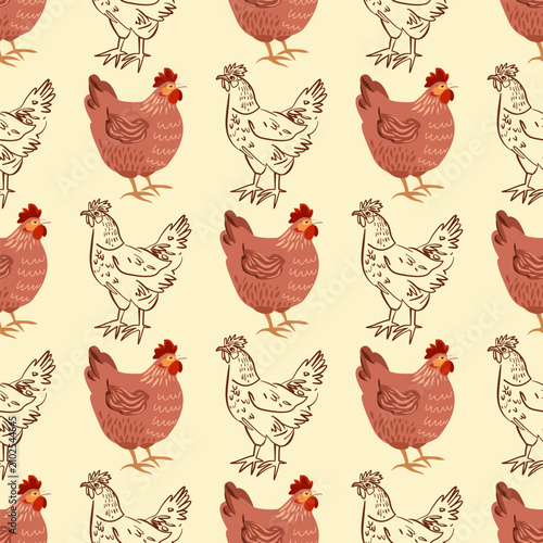 Seamless pattern with colored and line art hens, farmhouse style chicken repeat background for rustic textile and stationery