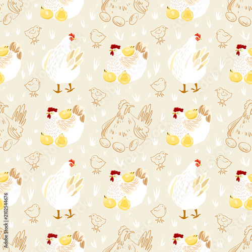 Seamless pattern with hens, chicks, and eggs, cute farmhouse style repeat background for Easter textile and stationery