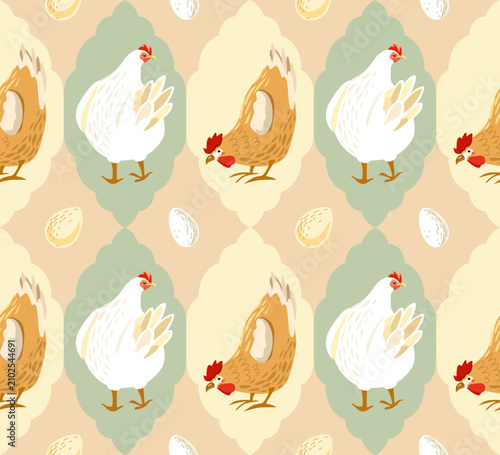 Seamless pattern with white and brown hens, farmhouse style chicken repeat background for kitchen textile and easter decor